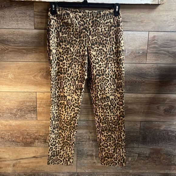 Peck & Peck Leopard Print Stretch Pants Size 4 Petite Tan Brown Animal Print - Picture 1 of 6